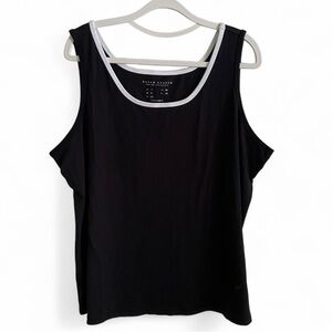 Susan Graver Basic Bold Black Cotton Tank Top White Trim Womens Plus Size 1X